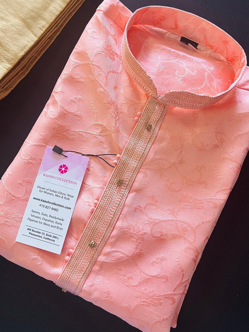 Pink Color Soft Silk Men Kurta Pajama for Men with Self Design material in Floral Pattern - Kaash