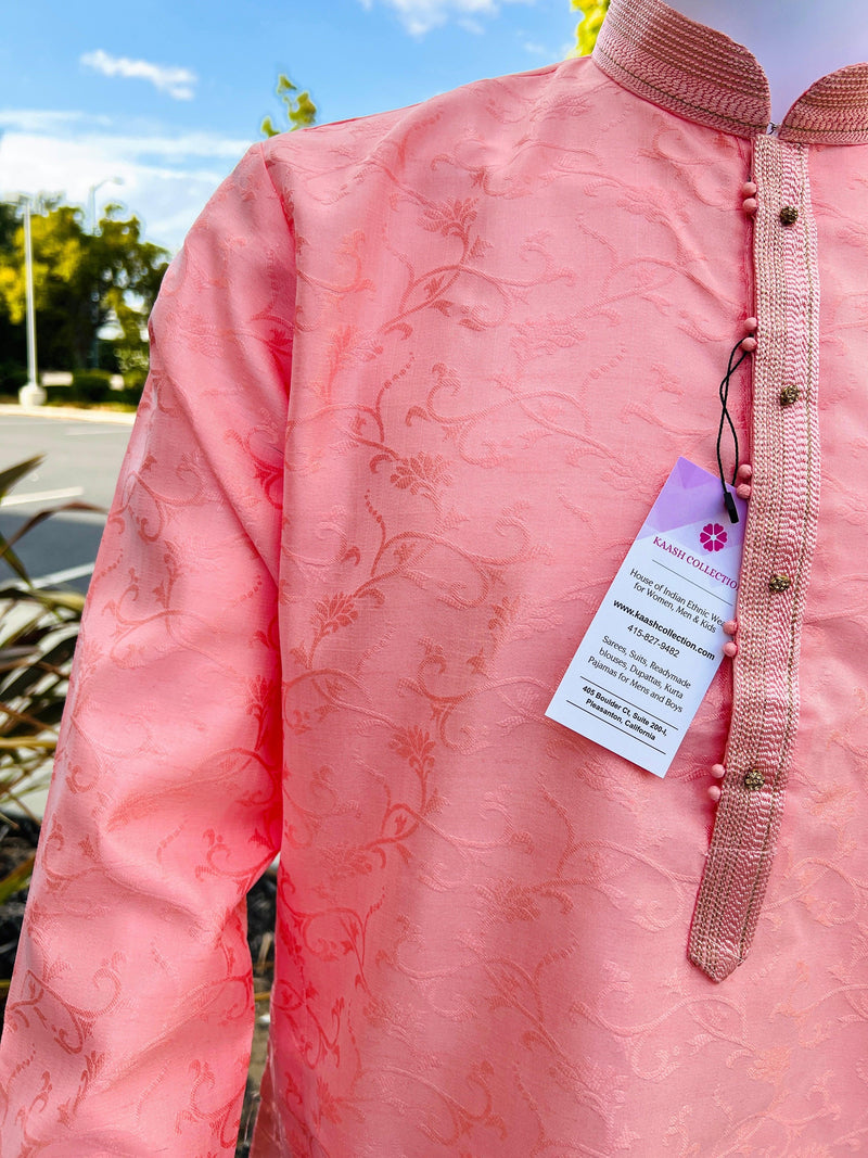 Pink Color Soft Silk Men Kurta Pajama for Men with Self Design material in Floral Pattern - Kaash
