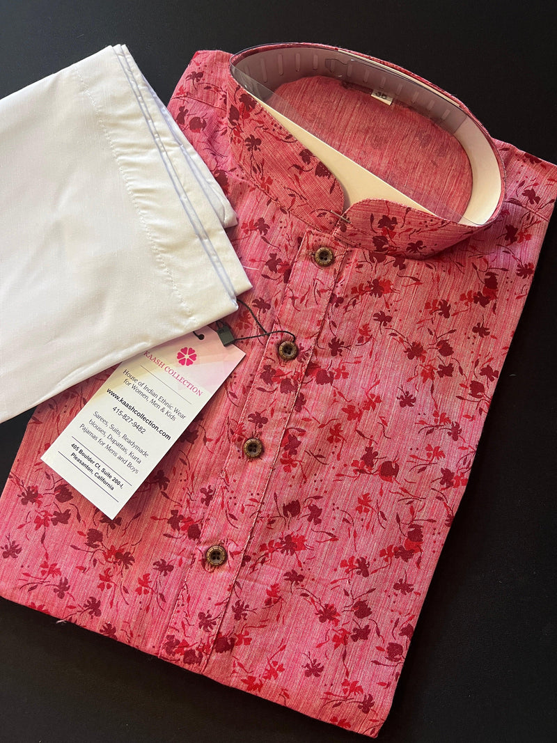 Pink Floral Design Mens Cotton Kurta Pajama Set Mens Ethnic Wear | Indian Pakistani Kurta Pajama Set | Kaash Collection - Kaash