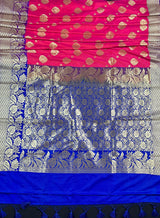 Pink with Blue Banarasi saree in banarasi silk with traditional floral with 7.5" border — Kaash Collection