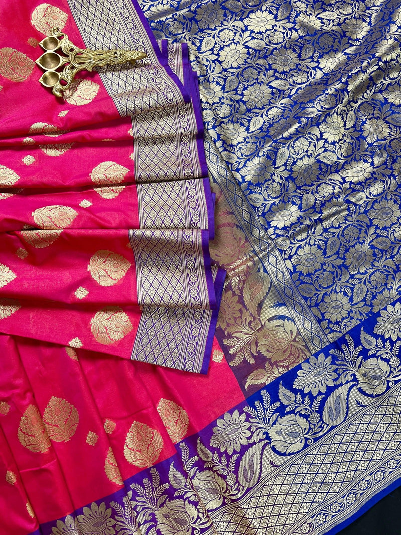 Pink with Blue Banarasi saree in banarasi silk with traditional floral with 7.5" border — Kaash Collection