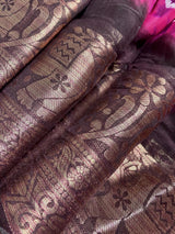 Pink with Brown Borders 90-Count Linen saree in 90 count linen with elephant & peacock motifs with brown borders — Kaash Collection