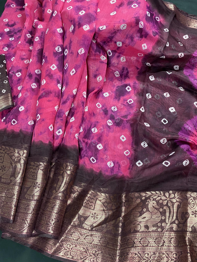 Pink with Brown Borders 90-Count Linen saree in 90 count linen with elephant & peacock motifs with brown borders — Kaash Collection