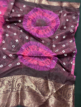 Pink with Brown Borders 90-Count Linen saree in 90 count linen with elephant & peacock motifs with brown borders — Kaash Collection