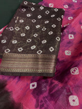 Pink with Brown Borders 90-Count Linen saree in 90 count linen with elephant & peacock motifs with brown borders — Kaash Collection