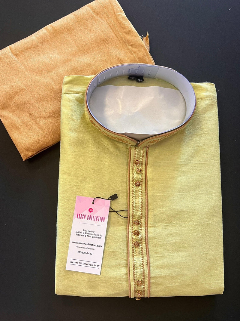 Pista Green men's kurta pajama in soft silk with plain body with neckline & collar detail — Kaash Collection