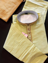 Pista Green men's kurta pajama in soft silk with plain body with neckline & collar detail — Kaash Collection