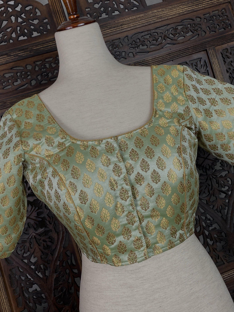 Pista Green with Gold Muted Buttis Pure Banarasi Silk Ready to Wear Blouse | Size 40 and 42 | Readymade Blouses | Kaash Collection - Kaash