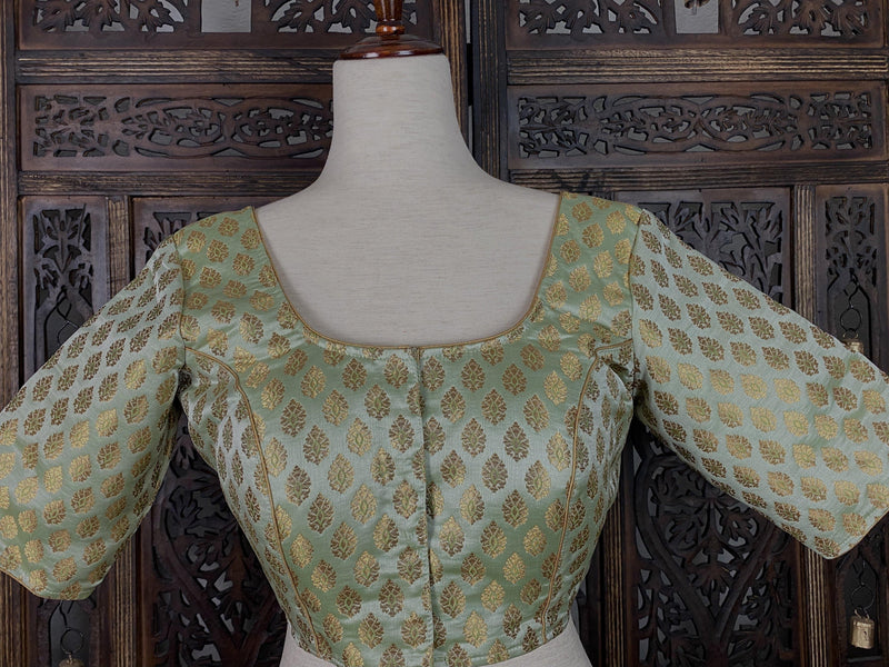 Pista Green with Gold Muted Buttis Pure Banarasi Silk Ready to Wear Blouse | Size 40 and 42 | Readymade Blouses | Kaash Collection - Kaash