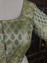 Pista Green with Gold Muted Buttis Pure Banarasi Silk Ready to Wear Blouse | Size 40 and 42 | Readymade Blouses | Kaash Collection - Kaash