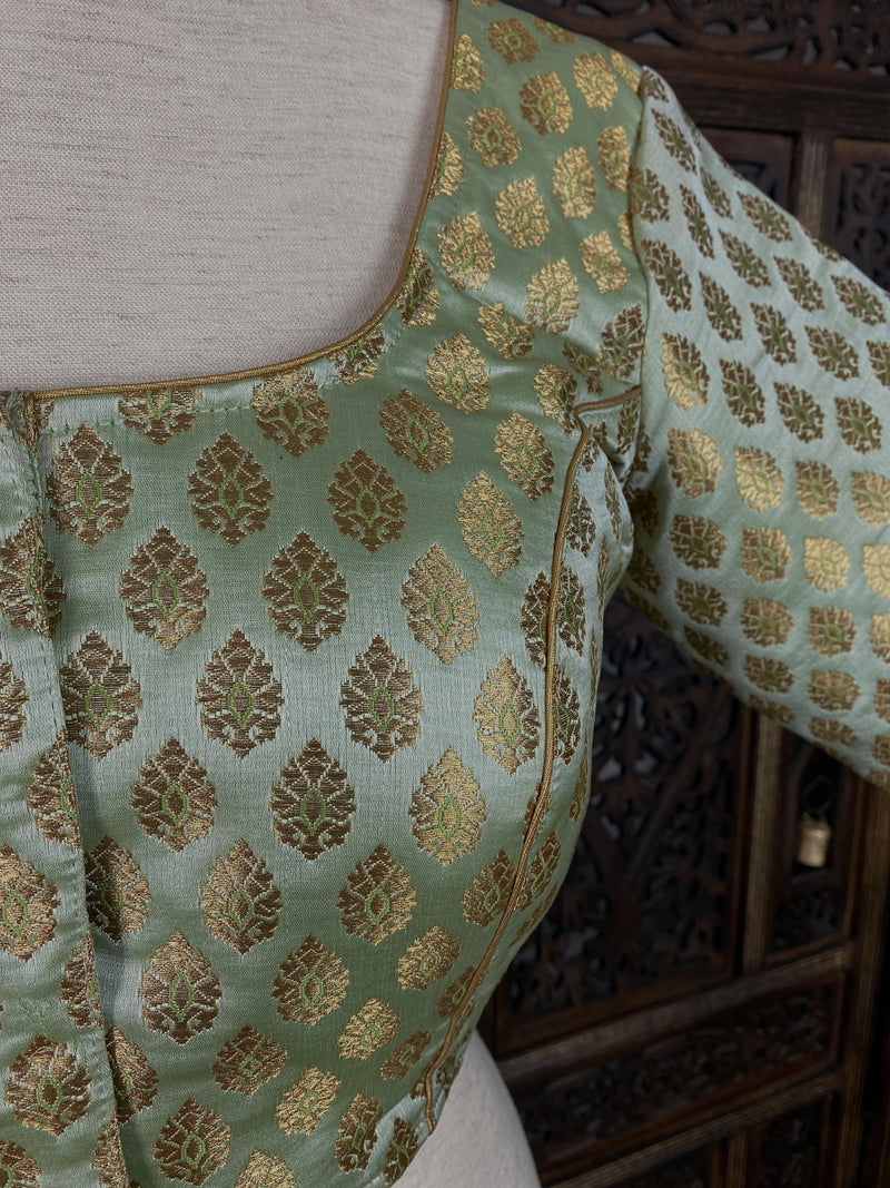 Pista Green with Gold Muted Buttis Pure Banarasi Silk Ready to Wear Blouse | Size 40 and 42 | Readymade Blouses | Kaash Collection - Kaash