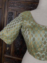 Pista Green with Gold Muted Buttis Pure Banarasi Silk Ready to Wear Blouse | Size 40 and 42 | Readymade Blouses | Kaash Collection - Kaash