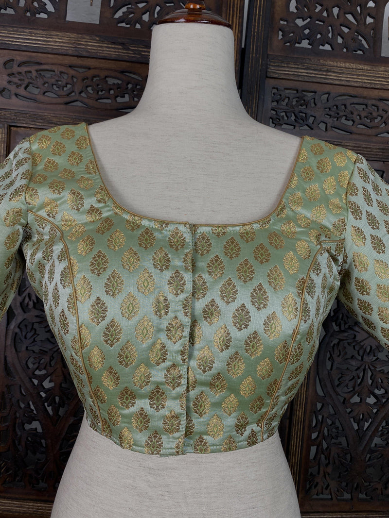 Pista Green with Gold Muted Buttis Pure Banarasi Silk Ready to Wear Blouse | Size 40 and 42 | Readymade Blouses | Kaash Collection - Kaash
