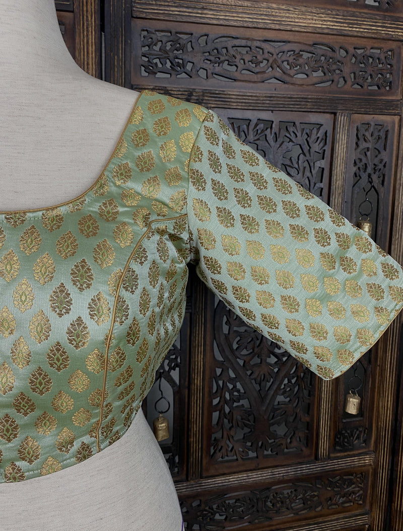 Pista Green with Gold Muted Buttis Pure Banarasi Silk Ready to Wear Blouse | Size 40 and 42 | Readymade Blouses | Kaash Collection - Kaash