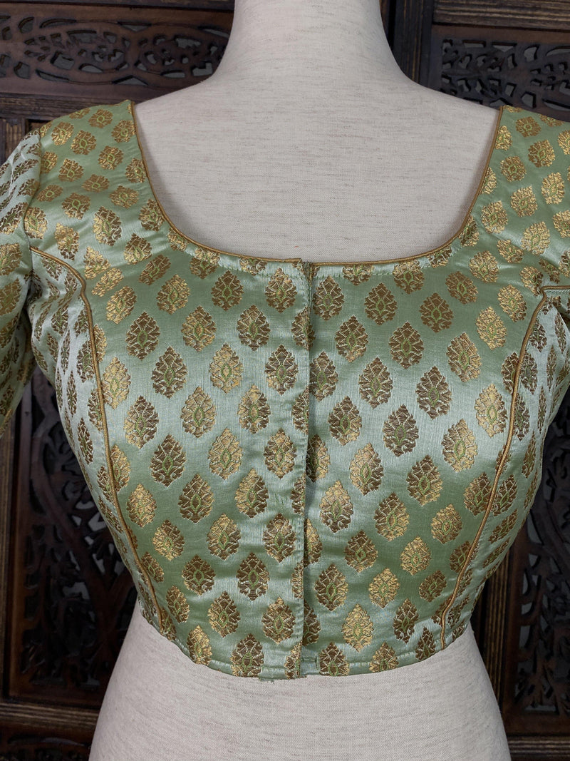 Pista Green with Gold Muted Buttis Pure Banarasi Silk Ready to Wear Blouse | Size 40 and 42 | Readymade Blouses | Kaash Collection - Kaash