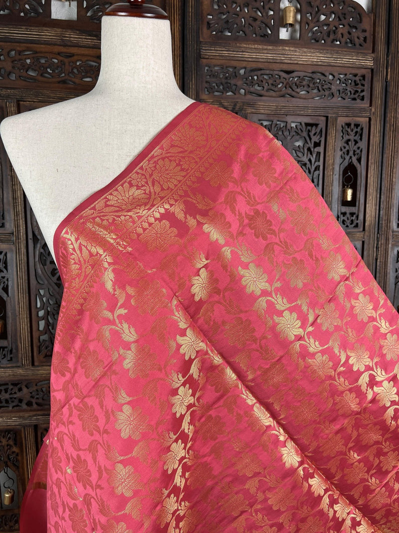 Punch Pink Soft Silk Floral dupatta in soft silk (non-pure) with floral jaal with muted gold zari — Kaash Collection