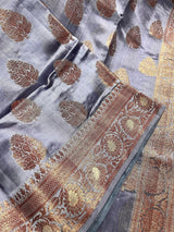 Slate Grey Banarasi saree in pure banarasi dupion with copper antique zari with meenakari borders — Kaash Collection