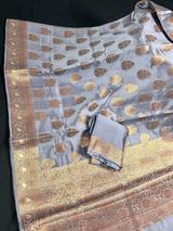 Slate Grey Banarasi saree in pure banarasi dupion with copper antique zari with meenakari borders — Kaash Collection