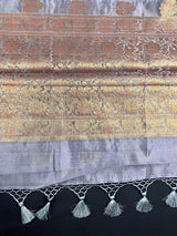 Slate Grey Banarasi saree in pure banarasi dupion with copper antique zari with meenakari borders — Kaash Collection