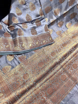 Slate Grey Banarasi saree in pure banarasi dupion with copper antique zari with meenakari borders — Kaash Collection
