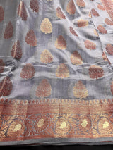Slate Grey Banarasi saree in pure banarasi dupion with copper antique zari with meenakari borders — Kaash Collection