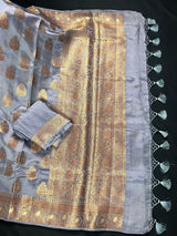 Slate Grey Banarasi saree in pure banarasi dupion with copper antique zari with meenakari borders — Kaash Collection