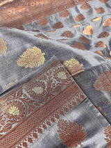 Slate Grey Banarasi saree in pure banarasi dupion with copper antique zari with meenakari borders — Kaash Collection