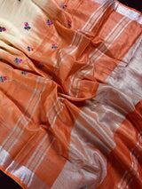 Pure Linen By linen Double Shade Saree in Beige and Orange Color with Floral Embroidery - Kaash