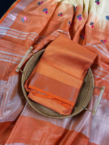 Pure Linen By linen Double Shade Saree in Beige and Orange Color with Floral Embroidery - Kaash