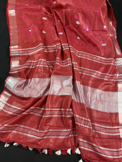 Red, Pink & White Pure Linen Embroidery saree in pure linen by linen with floral embroidery with zari borders — Kaash Collection