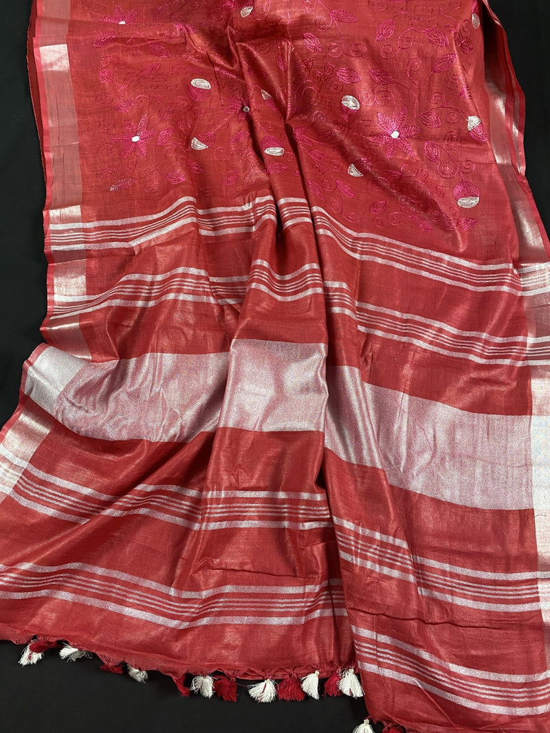 Red, Pink & White Pure Linen Embroidery saree in pure linen by linen with floral embroidery with zari borders — Kaash Collection