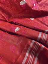 Red, Pink & White Pure Linen Embroidery saree in pure linen by linen with floral embroidery with zari borders — Kaash Collection
