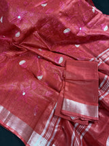 Red, Pink & White Pure Linen Embroidery saree in pure linen by linen with floral embroidery with zari borders — Kaash Collection