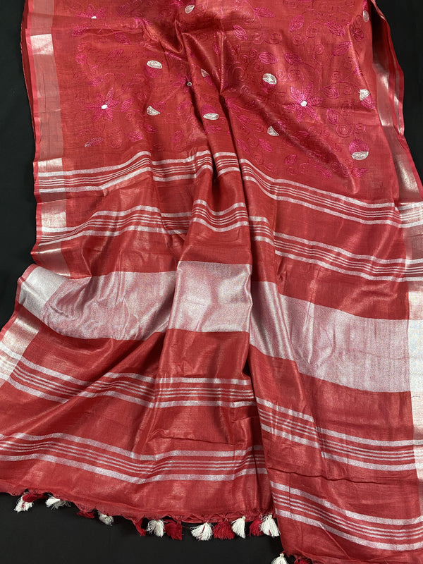 Pure Linen By linen Red and Pink Embroidery Saree with Zari Borders - Kaash