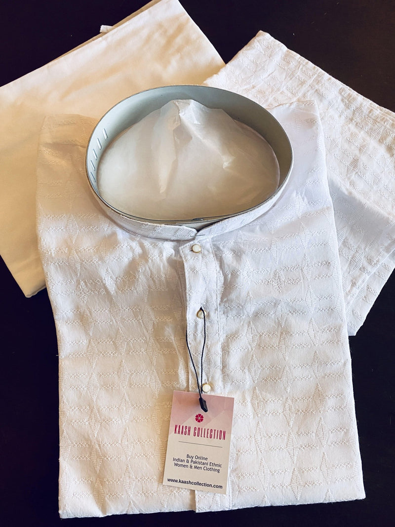 Pure White men's kurta pajama in pure cotton with lucknowi chikankari embroidery — Kaash Collection