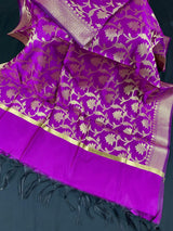 Purple Banarasi Floral Pattern dupatta in banarasi silk (non-pure) with floral with full jaal & tassels — Kaash Collection