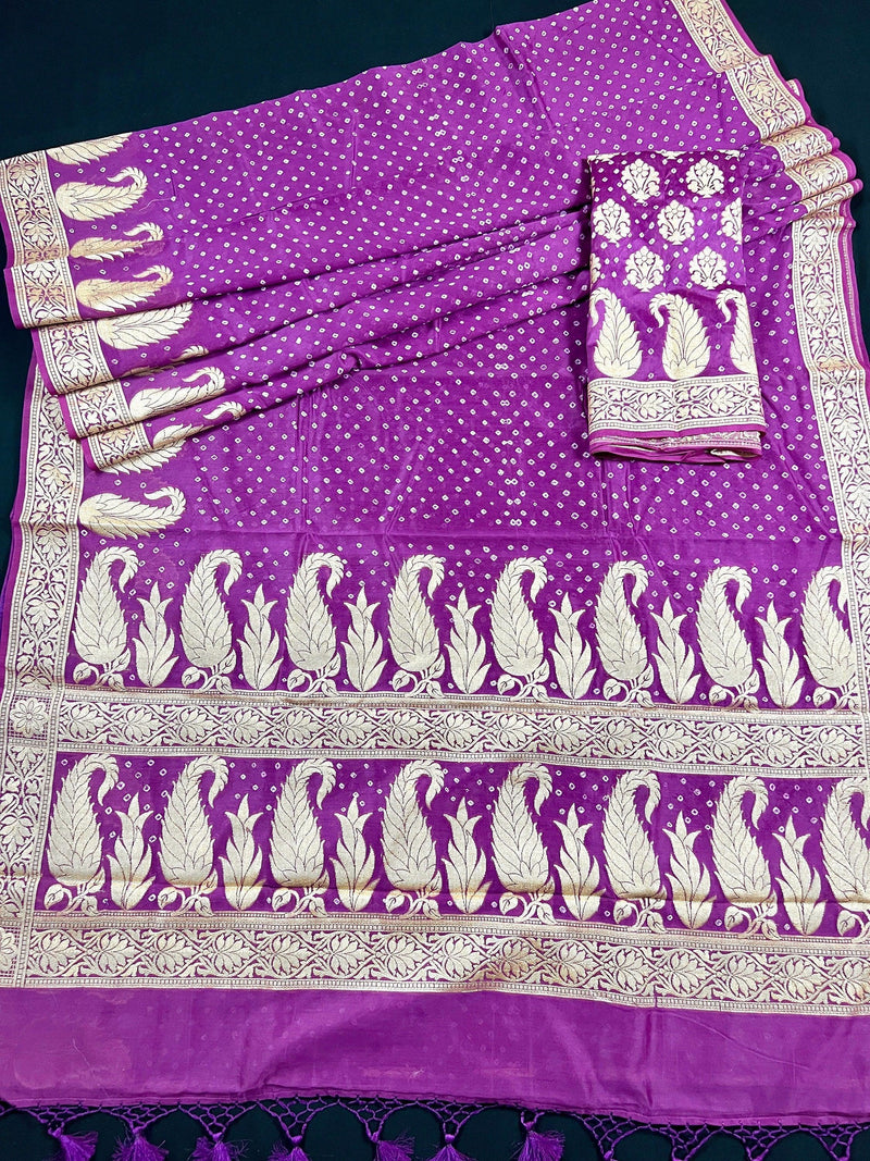 Purple Color Bandhej Saree - Banarasi Semi Dupion Silk with Work Muted Gold Zari - Handwoven Sarees - Banarasi Sarees - Kaash