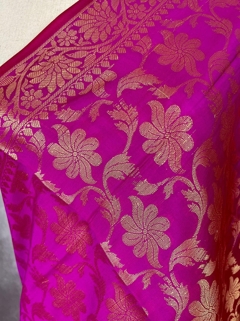 Purple Soft Silk Floral dupatta in soft silk (non-pure) with floral jaal with muted gold zari — Kaash Collection