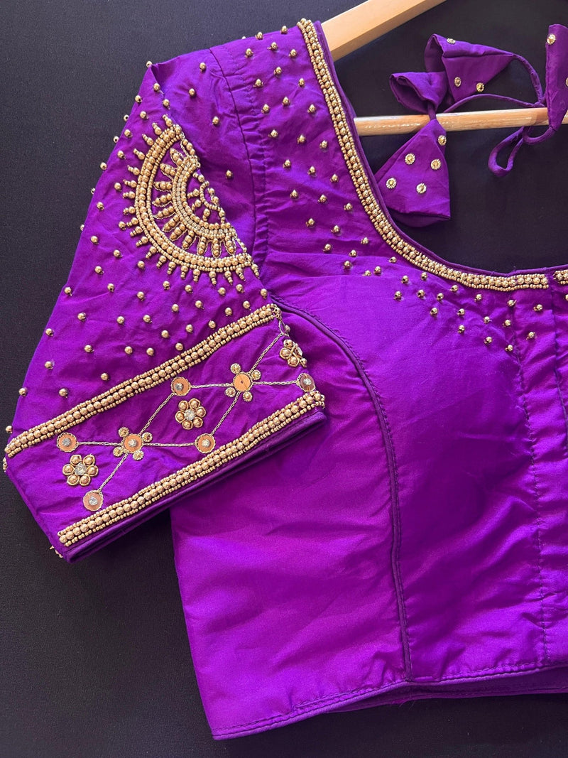 Purple Soft Silk ready-to-wear blouse with gold beads, sequin & tassels — Kaash Collection