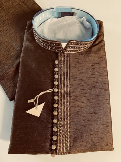 Dark Brown men's kurta pajama in raw silk with fancy design on neckline with lace work — Kaash Collection