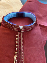 Dark Maroon men's kurta pajama in raw silk with fancy design on neckline with lace work — Kaash Collection