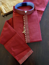 Dark Maroon men's kurta pajama in raw silk with fancy design on neckline with lace work — Kaash Collection