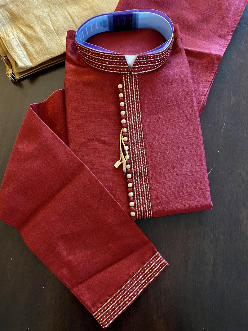 Dark Maroon men's kurta pajama in raw silk with fancy design on neckline with lace work — Kaash Collection