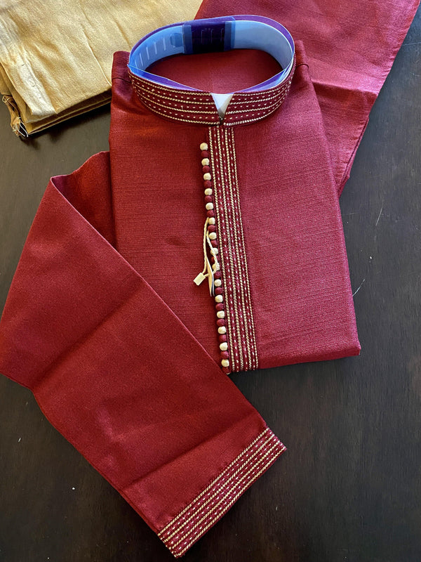 Raw Silk Dark Maroon Indian Men Kurta Pajama - Kaash