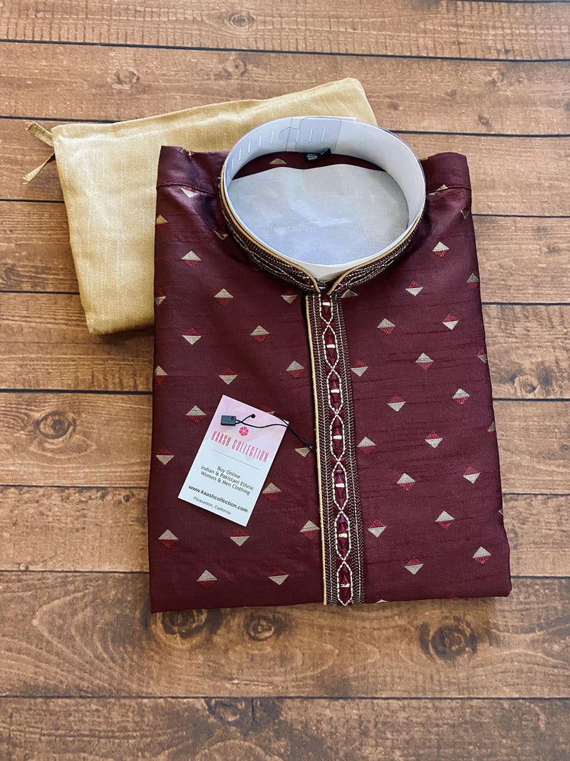 Raw Silk Wine Color Men Kurta Pajama Set with designer pattern - Kaash