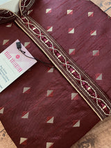 Raw Silk Wine Color Men Kurta Pajama Set with designer pattern - Kaash