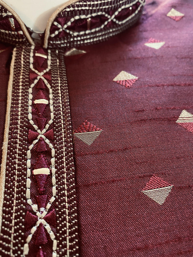 Raw Silk Wine Color Men Kurta Pajama Set with designer pattern - Kaash