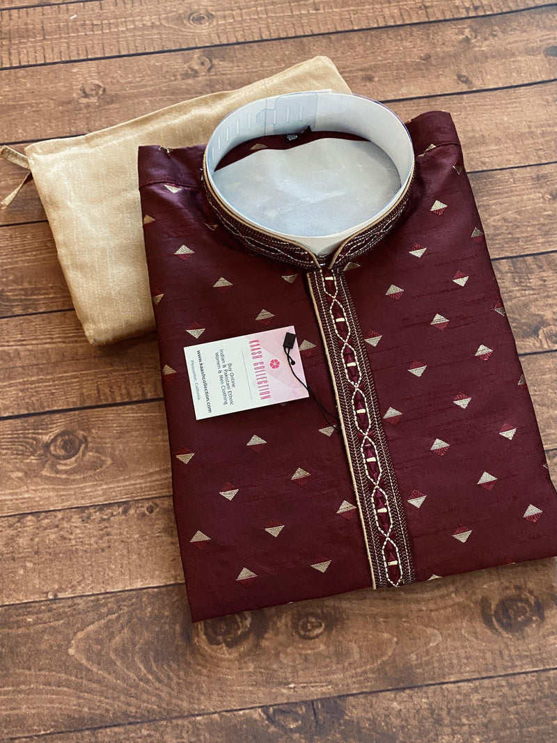 Raw Silk Wine Color Men Kurta Pajama Set with designer pattern - Kaash