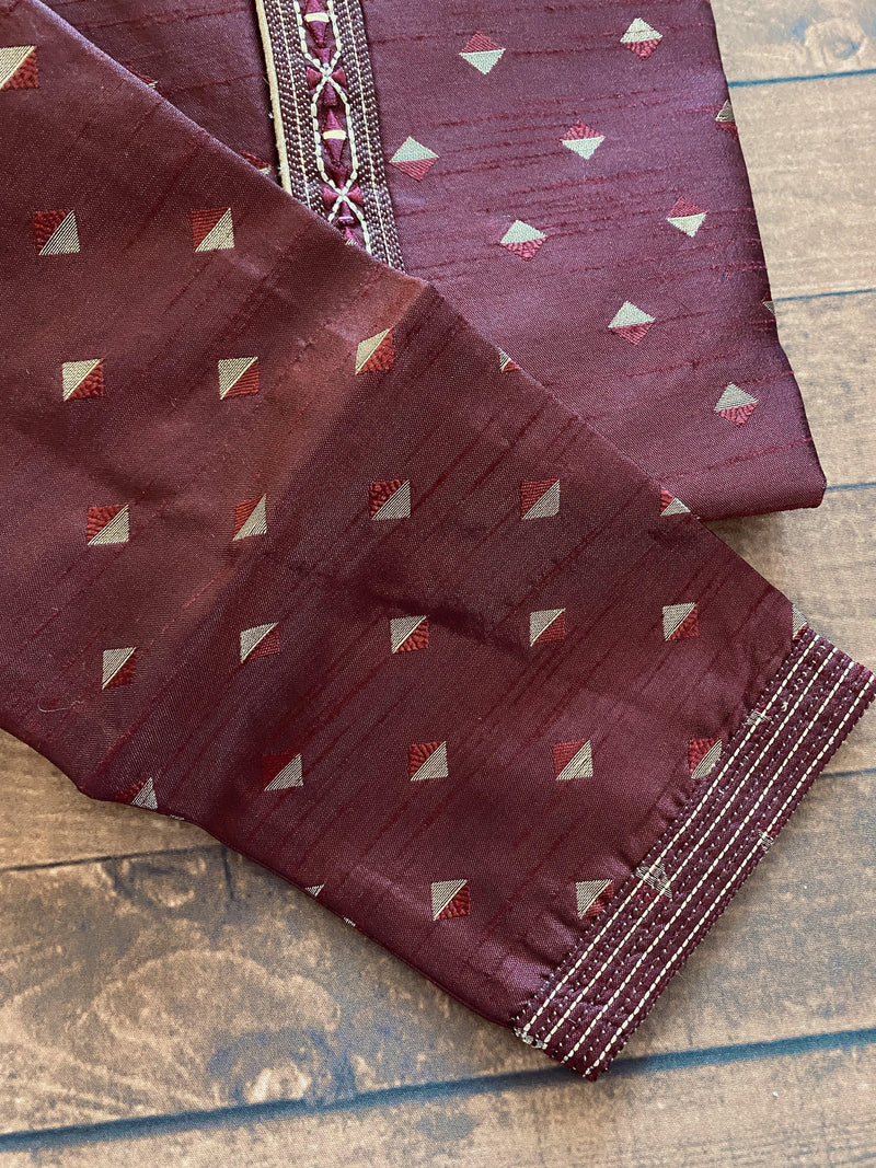 Raw Silk Wine Color Men Kurta Pajama Set with designer pattern - Kaash