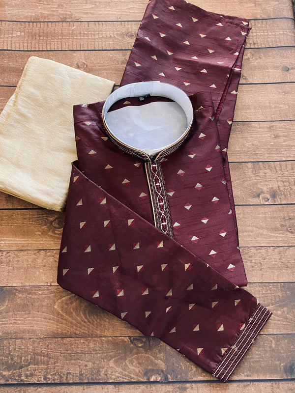 Raw Silk Wine Color Men Kurta Pajama Set with designer pattern - Kaash